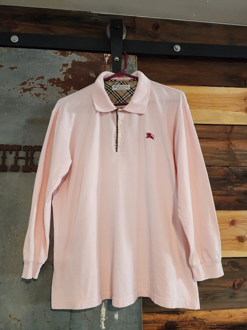 Vintage 90's Burberry Men's Light Pink Long-Sleeve Polo Shirt